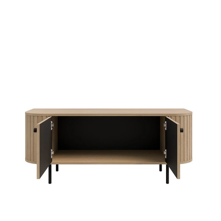 Szafka RTV Ovalio 123 cm dąb cremona stylowa szafka pod telewizor unikalny owalny kształt ozdobne frezowania metalowa podstawa