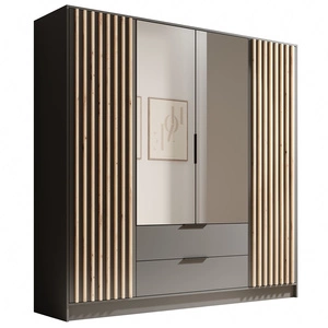 Szafa z lustrem Neri 200 cm grafitowa stylowe lamele zdobiące drzwi szafy pojemne szuflady uchwyty krawędziowe