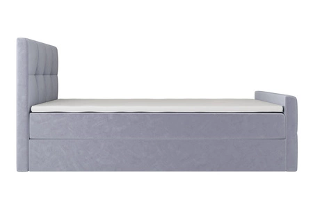 Łóżko kontynentalne Manhattan 120x200 błękitne w nowoczesnym skandynawskim stylu z tapicerowanym zagłówkiem i zanóżkiem łóżko z pojemnikiem