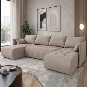 Narożnik z funkcją spania Selva U jasny beż ciekawie prezentujący się narożnik wykonany z tkaniny o pluszowej powierzchni