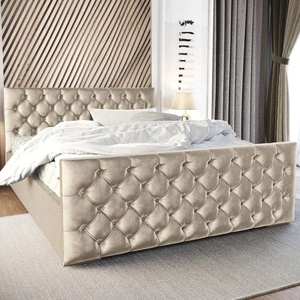Łóżko tapicerowane Viamao 140x200 beżowe z pojemnikiem w nowoczesnym skandynawskim stylu z pikowanym wezgłowiem oraz zanóżkiem