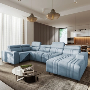 Narożnik z funkcją spania Castel IV błękitny prawostronny stylowy narożnik z pojemnikami na pościel i regulowanymi zagłówkami