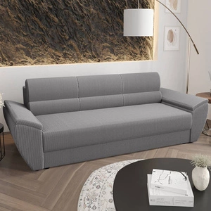Kanapa rozkładana Fogu Bis szary popiel stylowa sofa z komfortowymi podłokietnikami sztruksowa tkanina obiciowa pojemnik na pościel