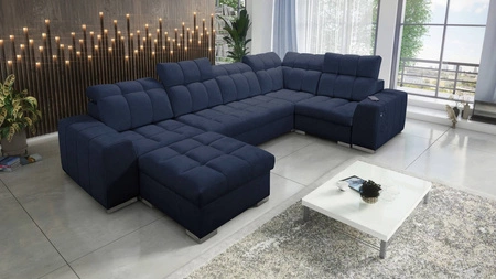 Narożnik z funkcją spania Luigi IV granatowy lewostronny elegancki narożnik do salonu wykonany z miękkiej tkaniny typu velvet