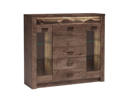 Komoda z szufladami Indiana 137 cm jesion ciemny elegancka stylistyka komody z przeszkleniem ozdobna deska na froncie komody oświetlona LED