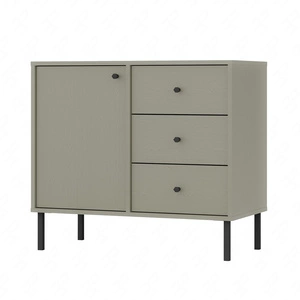 Komoda z szufladami Kioto II 84 cm eukaliptus nowoczesny design subtelne czarne uchwyty metalowa podstawa idealna komoda do salonu