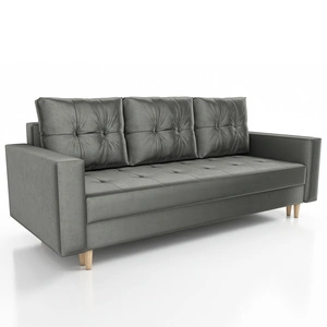 Kanapa rozkładana Vaso szara wygodna sofa do salonu w stylu skandynawskim drewniane wysokie nogi pojemnik na pościel