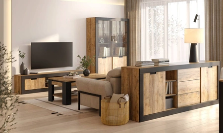 Zestaw mebli do salonu Tudor dąb samdal / czarny stylowe meble o ciekawym designie z drzwiami przesuwnymi meblościanka do salonu