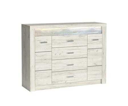 Zestaw mebli do sypialni Indiana jesion jasny wyszukana stylistyka mebli ozdobna deska na frontach oświetlona LED subtelne srebrne uchwyty