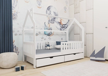 Łóżko drewniane Timon 90x190 cm białe nowoczesny design łóżko dziecięce domek wykonane z litego drewna sosnowego pojemne szuflady