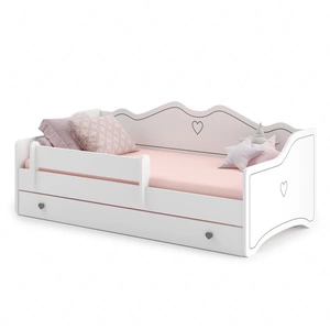 Łóżko Emily 80x160 cm białe dziecięce łóżko z materacem i barierką ochronną szare uchwyty w kształcie serca ozdobny nadruk