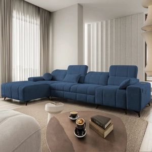 Narożnik z funkcją spania Penejos XII niebieski lewostronny stylowy narożnik z pojemnikami na pościel komfortowe regulowane zagłówki