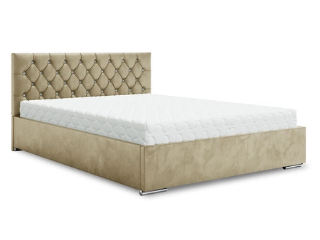 Łóżko tapicerowane Bauru 180x200 beżowe z pojemnikiem w nowoczesnym skandynawskim stylu z pikowanym zagłówkiem z kryształkami