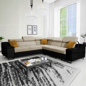 Narożnik z funkcją spania Alcamo III beżowy / czarny prawostronny funkcjonalny narożnik z szufladą w boczku dwa pojemniki na pościel