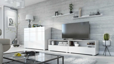 Meblościanka Pitagorio biała / biały połysk nowoczesny design system otwierania drzwi i szuflad push to open zestaw mebli z komodą