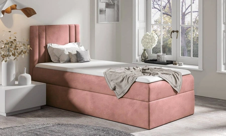 Łóżko kontynentalne Alia 90x200 kwarcowy róż nowoczesny styl idealne łóżko do pokoju dziecięcego subtelne pionowe przeczycia na wezgłowiu
