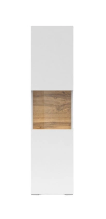 Witryna Ava 36 cm biała / dąb wotan elegancka witryna do salonu z możliwością powieszenia prosta bryła idealna do każdego wnętrza