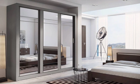 Szafa przesuwna z lustrem Arti 250 cm szara pojemna szafa do sypialni przedpokoju lub garderoby drzwi szafy wykończone dużymi lustrami