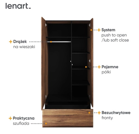 Szafa Borga 90 cm dąb catania / czarny stylowy design szafa do przedpokoju lub sypialni wsparta na metalowych nogach pojemna szuflada
