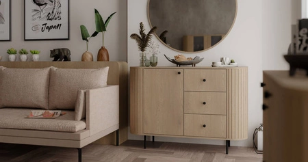 Komoda z szufladami Ovalio 123 cm dąb cremona elegancka komoda o wyjątkowo stylowym designie owalny kształt podkreślony frezowaniami