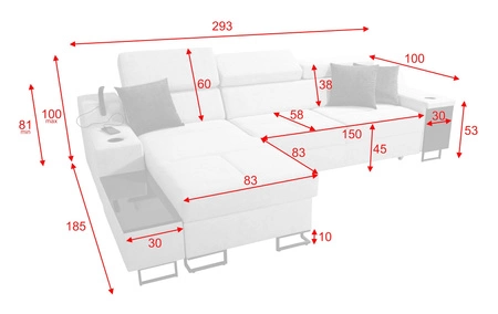 Narożnik z funkcją spania Alcamo grafitowy / biały lewostronny elegancki narożnik z dostawką praktyczna szuflada w boczku mebla
