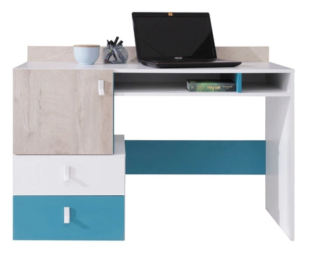 Zestaw mebli Niko biały / dąb / morski idealna propozycja do pokoju młodzieżowego lub dziecięcego w modnym stylu