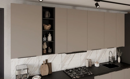 Zestaw mebli kuchennych Fiuggi Bl 390 cm stylowe szafki kuchenne z frontami wykonanymi w technologii anti fingerprint metalowe uchwyty