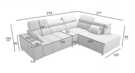 Narożnik z funkcją spania Castel VII błękitny prawostronny stylowy narożnik z pojemnikiem na pościel i regulowanymi zagłówkami