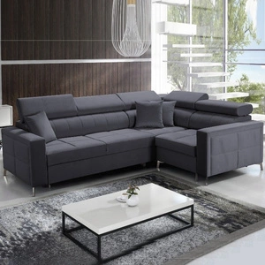 Narożnik z funkcją spania Nausa II grafitowy prawostronny velvet dekoracyjne przeszycia na siedzisku narożnik z pojemnikiem na pościel