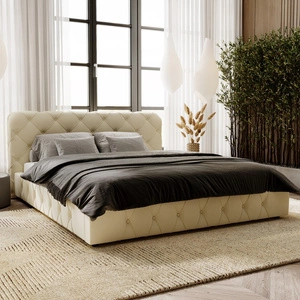 Łóżko tapicerowane Cloud 180x200 beżowe stylowe łóżko z pojemnikiem na pościel wygodny zagłówek zachwyca eleganckim designem