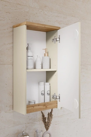 Zestaw mebli łazienkowych Bali beżowy / dąb wotan nowoczesne szafki do łazienki stylowe frezowane uchwyty stabilna podstawa