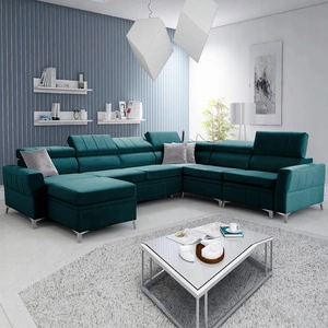 Narożnik z funkcją spania Rava VII lazurowy lewostronny praktyczny i nowoczesny narożnik do salonu z regulowanymi zagłówkami