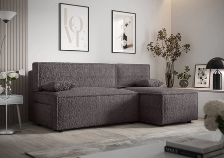 Narożnik z funkcją spania Brandon grafitowy prawostronny miękka tkanina o charakterystycznej pętelkowej powierzchni pojemnik na pościel