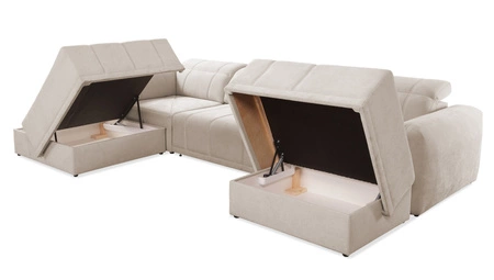 Narożnik z funkcją spania Cetara VI kremowy prawostronny komfortowy i stylowy narożnik rozkładany z przesuwanymi oparciami