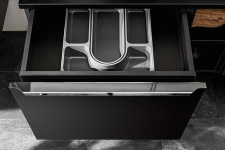 Zestaw mebli łazienkowych Santa Fe czarny / dąb vintage zestaw mebli z szafkami pod umywalki nablatowe metalowe uchwyty krawędziowe