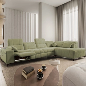 Narożnik z funkcją spania Penejos XI Lux oliwkowy prawostronny stylowy narożnik rozkładany z komfortowym wysuwanym podnóżkiem