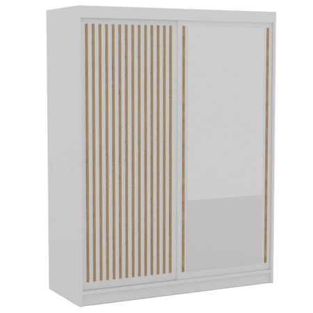 Szafa przesuwna z lustrem Delia 160 cm biała stylowa szafa z ozdobnymi lamelami w kolorze drewna wpasuje się do każdej aranżacji