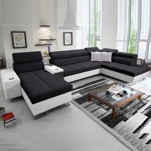 Narożnik z funkcją spania Dafni V czarno biały lewostronny pleciony wygodny i komfortowy narożnik z regulowanymi zagłówkami