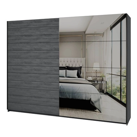 Szafa przesuwna Galaxy 270 cm dąb carbon pojemna szafa z lustrem w nowoczesnej formie wyposażona w aluminiowe prowadnice drzwi