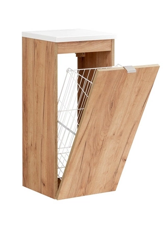 Szafka łazienkowa wisząca Capri 35 cm dąb craft złoty / biały połysk funkcjonalna szafka wyposażona w kosz na pranie metalowy uchwyt