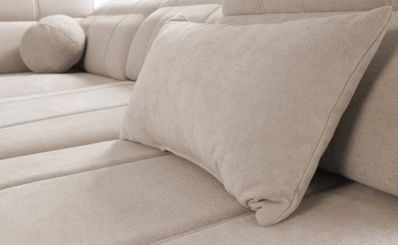 Narożnik z funkcją spania Cetara szary lewostronny stylowy design komfortowe przesuwane oparcia regulowane zagłówki