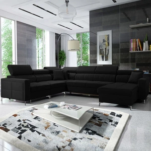 Narożnik z funkcją spania Nausa VII czarny prawostronny elegancki narożnik do salonu wykonany z miękkiej tkaniny typu velvet