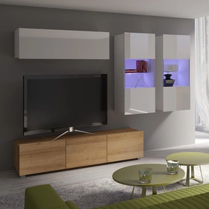 Meblościanka Apulia VI biały połysk / dąb złoty wyjątkowo stylowa meblościanka proste bryły wpisujące się w każde wnętrze