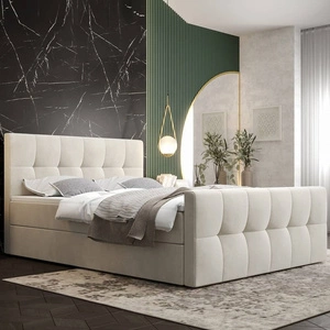 Łóżko kontynentalne Manhattan 140x200 beżowe w nowoczesnym skandynawskim stylu z tapicerowanym zagłówkiem i zanóżkiem