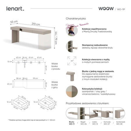 Biurko z regałem Woow 253 cm clay grey / szampański / dąb vincenza bielona prawe ergonomiczne biurko z szufladami oświetlenie LED