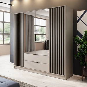Szafa z lustrem Aspen 206 cm beżowa / czarne lamele nowoczesny design mebla drzwi szafy ozdobione lamelami
