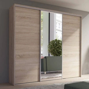 Szafa przesuwna z lustrem Grande 254 cm dąb sonoma jasny pojemna szafa w nowoczesnej formie wyposażona w aluminiowe prowadnice drzwi