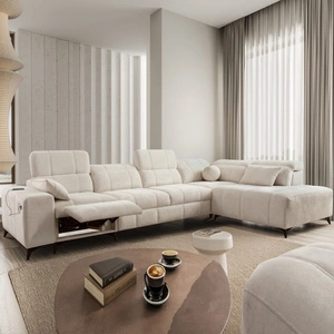 Narożnik z funkcją spania Penejos XI Lux kremowy prawostronny stylowy narożnik rozkładany z komfortowym wysuwanym podnóżkiem