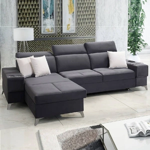 Narożnik z funkcją spania Elgin grafitowy lewostronny narożnik z regulowanymi zagłówkami praktyczne szuflady w boczkach mebla