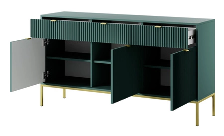 Komoda z szufladami Lovro 154 cm pastelowy zielony nowoczesny design zachwyci miłośników wyrazistych wnętrz złote metalowe dodatki